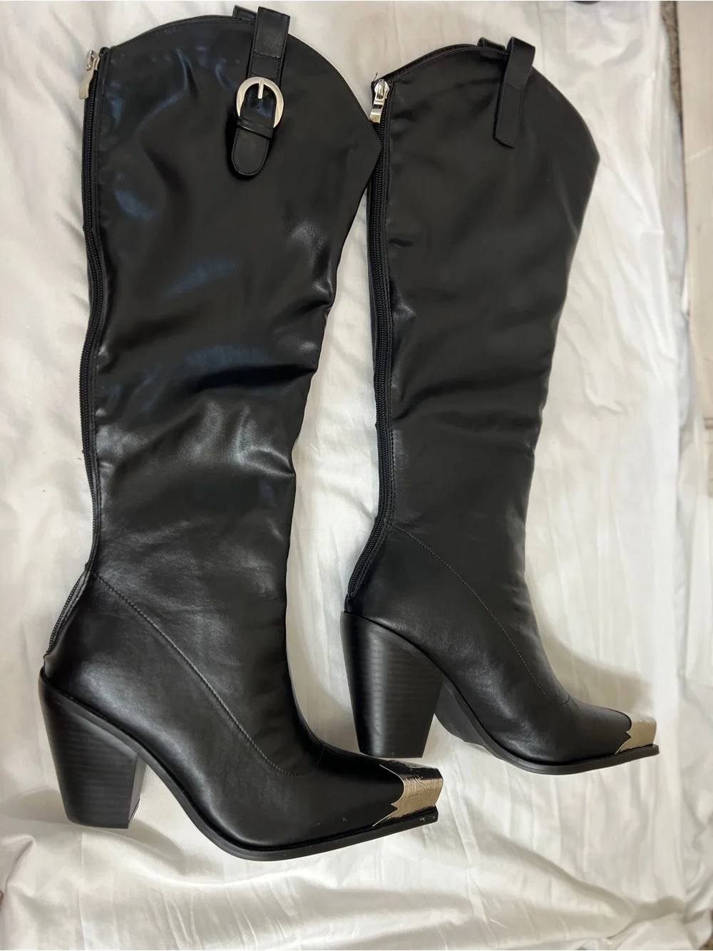 Fashion Nova Smokey Black Knee High Cowboy Boots Western Silver Toe Cap Size 8